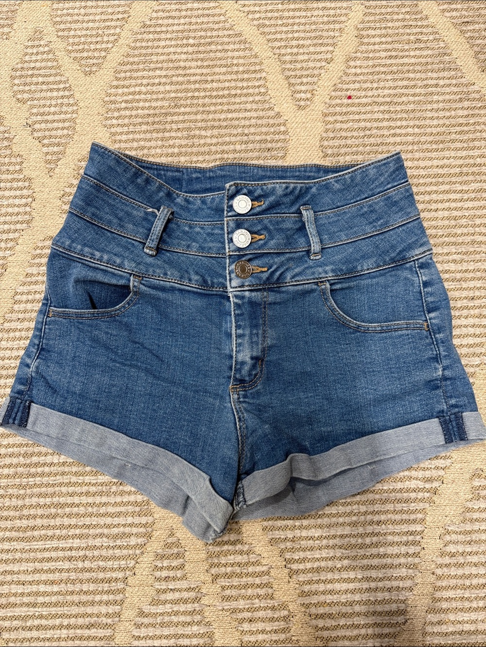 Garage High-Rise Blue Denim Jean Shorts with Triple Buttons